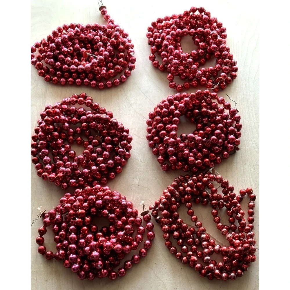 Vtg Mercury Glass Bead Christmas Garland Red LOT of 6 Strands 7 ft+ Each Japan